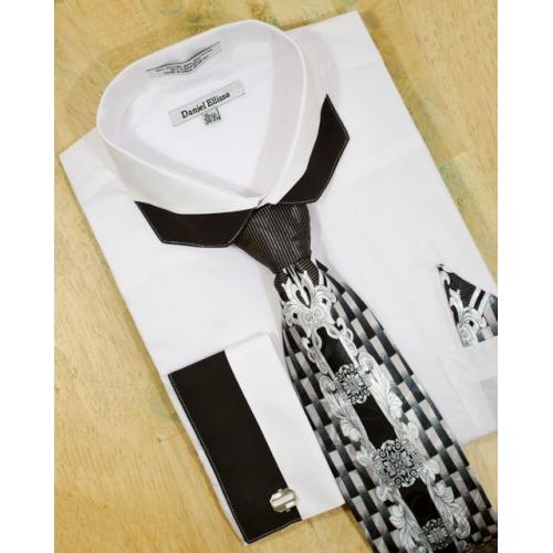 Daniel Ellissa White With Black Trimming Polygonal Spread Collar Shirt/Tie/Hanky Set DS3750P2